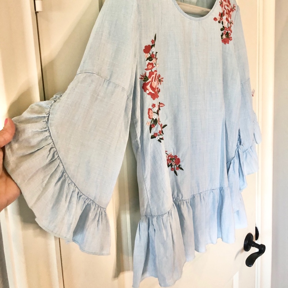 Light Blue Floral Embroidered Ruffle Top - Picture 2 of 10